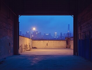 Wall Mural - night city skyline viewed from a dark, empty industrial building's open garage door.