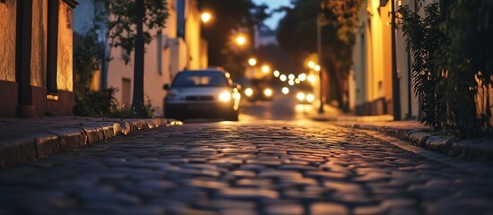 Wall Mural - night street scene with cobblestone road and car.