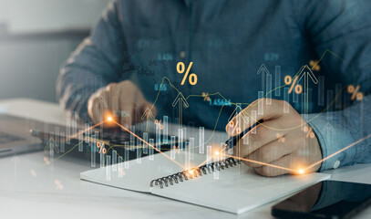 Aufkleber - Interest rate and dividend. Percentage interest rates continue to increase, stocks and mutual funds, investment for retirement. 
