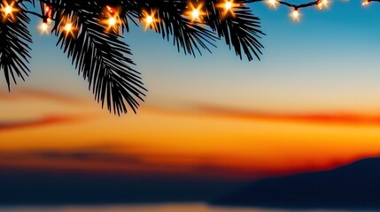 Wall Mural - warm sunset view through tropical foliage with festive lights.
