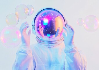 Wall Mural - astronaut in white suit with iridescent bubbles floating around them against a white background.