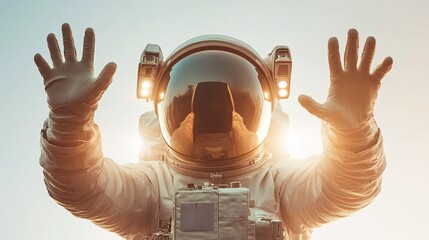 Wall Mural - astronaut in spacesuit with hands outstretched, backlit by sun.