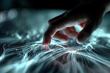 Poster - Human hand interacts with flowing light strands, representing data interaction, technological connection, and modern interface.