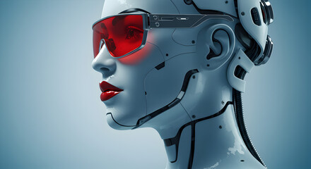 Poster - Close Up of Futuristic Robot Head with Red Glasses and Lips on Light Blue Background