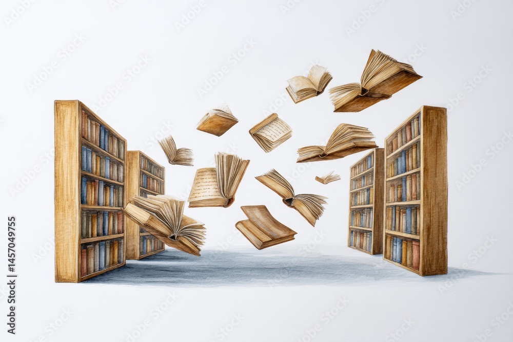 Books in Flight - Books float between two bookshelves, suggesting the ...