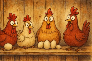 Poster - Four Colorful Chickens Sitting on a Wooden Perch With Eggs at a Farm During Daylight Hours Generative AI