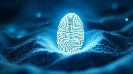 Poster - Glowing fingerprint biometric security identification with digital technology, blue light, and futuristic abstract cyber concept for innovative