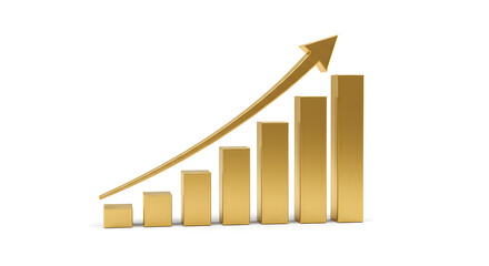 Poster - Golden Bar Graph Shows Business Growth with Upward Arrow on White Backdrop