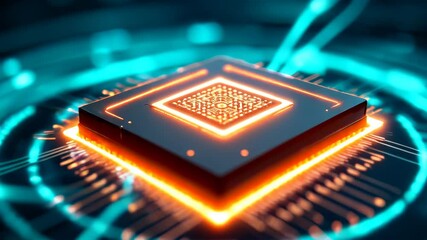 Poster - Futuristic microchip glowing circuit technology innovation digital electronic neon closeup abstract modern digital innovation, electronic component