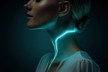 Poster - Woman with glowing blue lines on neck standing in a dark setting captures a futuristic and artistic atmosphere