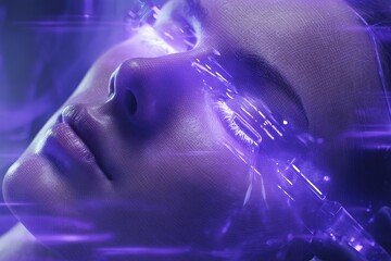 Poster - Digital transformation of a human face with glowing purple elements and futuristic enhancements captured in a surreal style