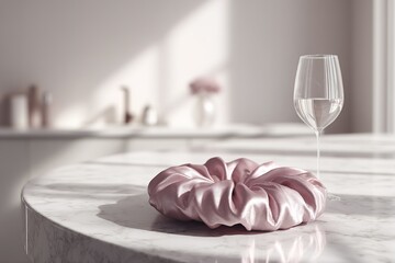 Poster - Elegant pink scrunchie and water glass on a marble countertop in natural light
