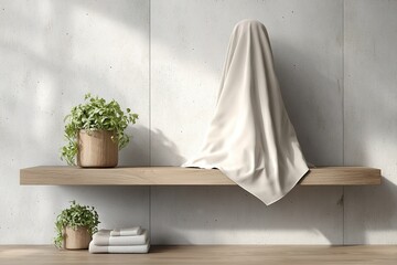 Poster - blanketed figure on a minimalist shelf in a modern interior space during daylight