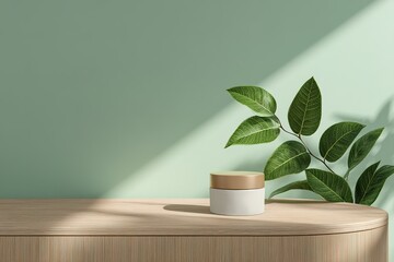 Poster - Simple arrangement of a plant and a jar on a wooden surface against a mint green wall in soft natural light