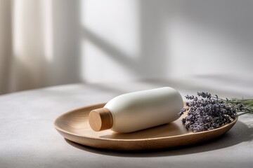 Poster - Minimalistic display of a white bottle and lavender on a wooden tray in soft light