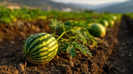 watermelon patch with green gourds on rich soil