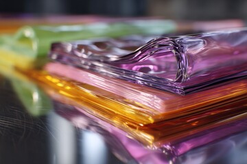 Poster - Colorful Stacked Translucent Plastic Sheets Reflecting Light, Showing Vibrant Gradient Effect in Abstract Close-up View
