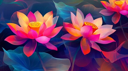 Poster - Vibrant Pink and Orange Lotus Flowers Artistic Digital Painting Stunning Nature Botanical Illustration Beautiful Floral Design Elegant Exotic Bloom Exquisite Water Lily  