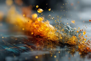 Poster - Abstract visualization displaying fluid dynamics with golden globules and gray particles over a dark backdrop