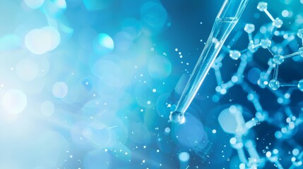 Poster - Dropper pipette with liquid and molecular structures in a scientific background. Laboratory research in chemistry and medicine. Concept of innovation and discovery.