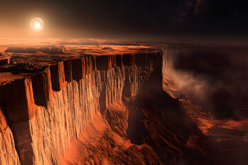 stunning alien planet landscape with deep red cliffs under a glowing sun, sci-fi space canyon view w