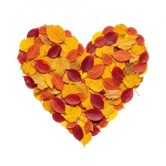 Poster - Heart shape made of autumn leaves in shades of yellow orange and red on a white background surface