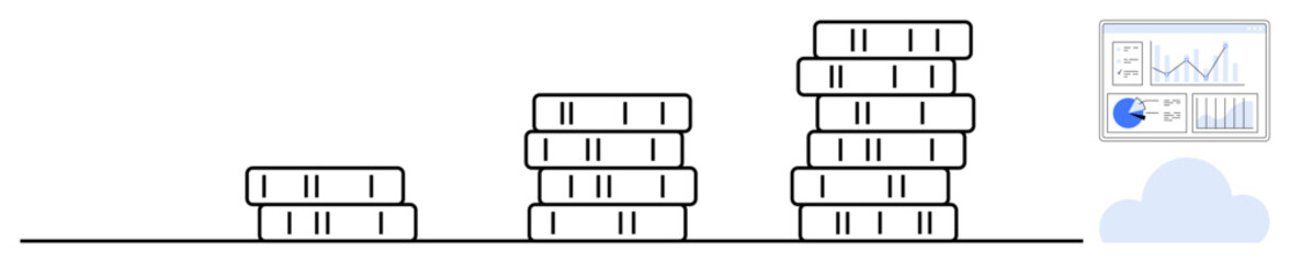Poster - stacked coins increasing incrementally alongside a data dashboard showcasing charts, graphs, and ana