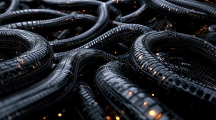 Aufkleber - Dark abstract rendering featuring curved metallic tubes and scattered lights