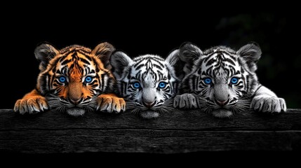 Three tiger cubs, color variations, black background.