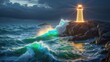 © yarku20 - Luminous lighthouse standing tall against crashing waves during a dramatic stormy night. The golden light cuts through the darkness, a beacon of hope.