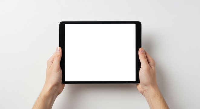 Hands holding blank tablet screen overhead view