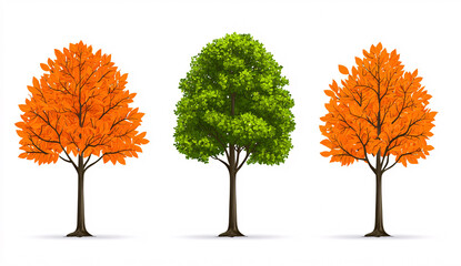three trees display vivid colors of seasonal changes against a clean white backdrop in a nature illu