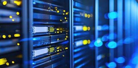 Poster - Brightly lit server rack interior with high tech cables and connections, showcasing fast data exchange, digital performance, and futuristic cloud solutions