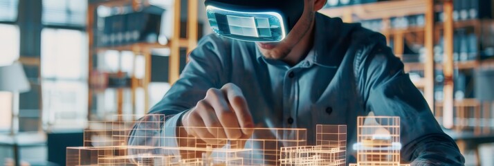 Poster - Engineer using VR headset to manipulate 3D architectural model in modern office. Virtual reality and advanced technology in engineering design.