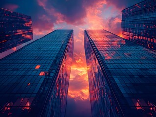 Poster - Converging skyscrapers under a dramatic sunrise