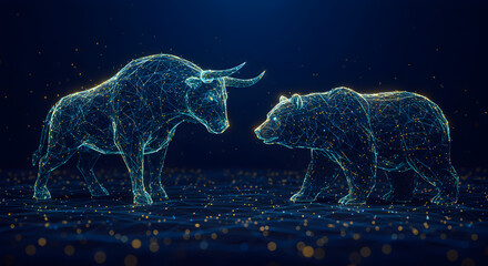 Poster - Digital Bull and Bear Facing Each Other with Glowing Light Points on Abstract Blue Background with Blurred Dots