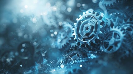 Poster - Abstract background of blue gears with bokeh light effects. Symbolizes engineering, technology, and industrial innovation.