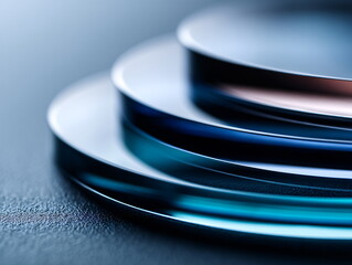 Poster - abstract close up of stacked iridescent circular objects or lenses on dark background. futuristic co
