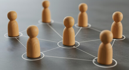 Poster - Network of Seven Wooden Figures Connecting Concepts on Dark Gray Tabletop Representing Teamwork and Collaboration