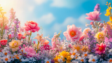 Poster - Vibrant spring flowers bloom under a clear blue sky in a sunlit garden