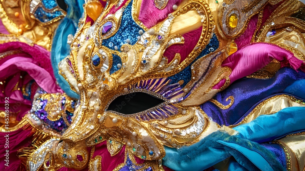 Photograph of detailed Venetian mask with opulent gold, blue, and pink embellishments and flowing silk.