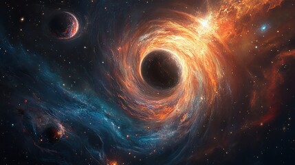 Wall Mural - Fiery cosmic nebula swirling around black hole space art fire blue dark stars light power cosmos