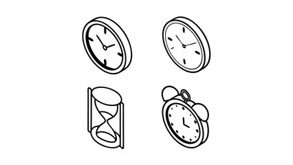 Poster - Isometric illustration of two clocks, an hourglass and an alarm clock in black and white style created with generated ai