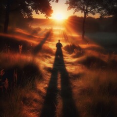 Wall Mural - A shadow stretching long across the grass as the sun dips low