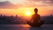 © Cingrid - Woman meditating on rooftop at sunset in lotus position with cityscape in the distance and orange sky