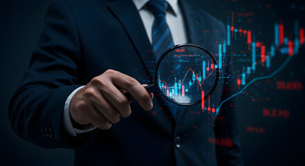 Poster - Analytical Businessman Inspecting Stock Market Data with Magnifying Glass Displayed Against a Dark Background with Red and Blue Chart