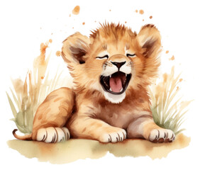 Wall Mural - png watercolor baby lion sleeping animal cartoon mammal.