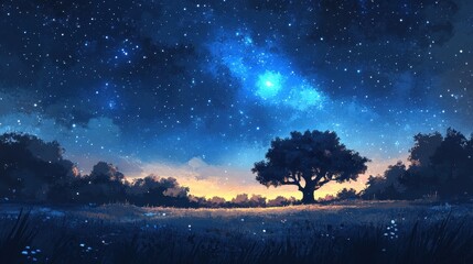 Serene night sky landscape with lone tree under starry milky way