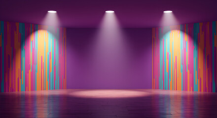 Poster - Abstract Purple Room with Wet Floor and Colorful Stripes Under Three Square Spotlights