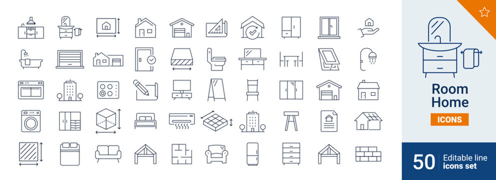 Room icons Pixel perfect. Kitchen, bed, wall, ....	
